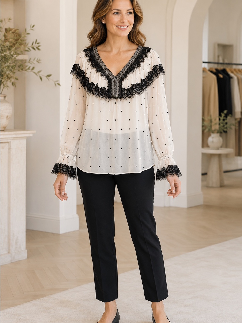 Endless Rose Cream Blouse with Black Lace & Polka Dots